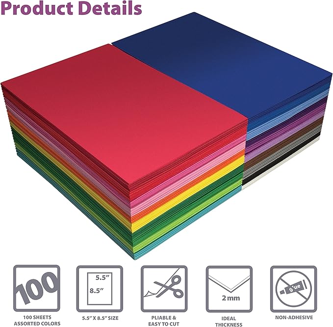 Better Office Products 100 Pack EVA Foam Sheets, 5.5 x 8.5 Inch, Assorted Colors (20 Colors), 2mm Thick, for Arts and Crafts, 100 Sheets