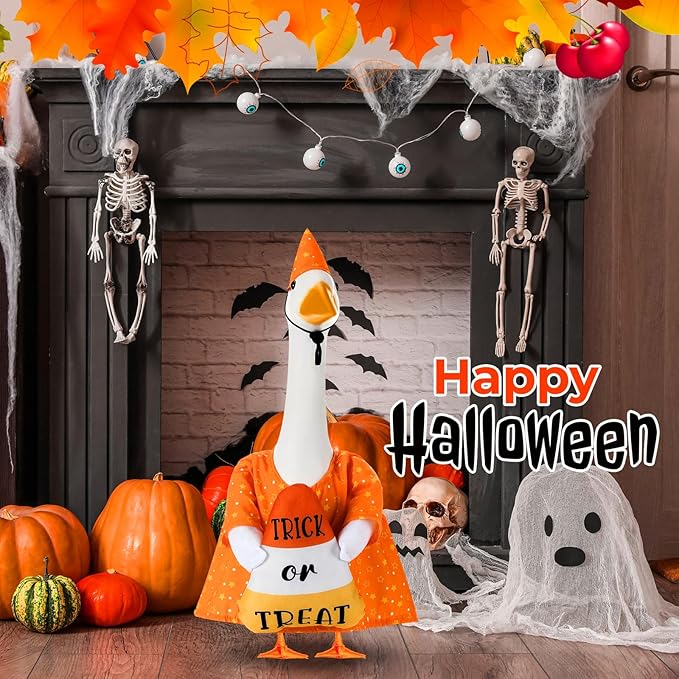 Sanwuta 1 Set Halloween Porch Goose Outfit Candy Corn Pillow Design with Hat for 23" Lawn Cement Goose Porch Geese Clothes Costume for Halloween Garden Patio Yard Outdoor Decorations