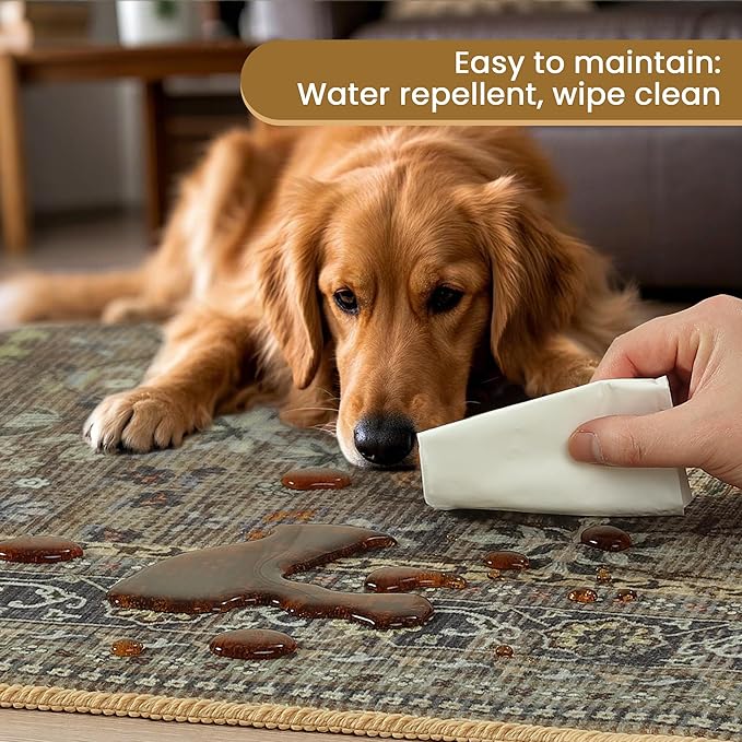 Large 8x10 Washable Area Rug for Living Room, No Shedding Vintage Floral Print Rugs Non Slip, Indoor Foldable Thin Retro Accent Carpet for Bedroom Farmhouse Dining Room Brown/Yellow