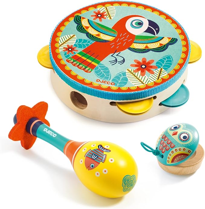 DJECO Animambo Tambourine, Maraca, Castanet Music Instrument Set - Cute Parrot, Fish & Owl Design Toddler Educational Musical Toy for Creativity & Rythym - Toys for 3+ Years Girls & Boys
