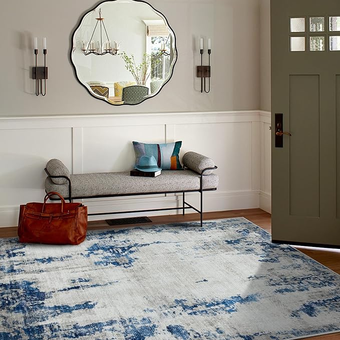 5x7 Area Rugs for Living Room Rug Washable: Modern Rug for Dining Room Bedroom Carpet Non Slip Low Pile 5 by 7 Indoor Abstract Nursery Home Office Blue White