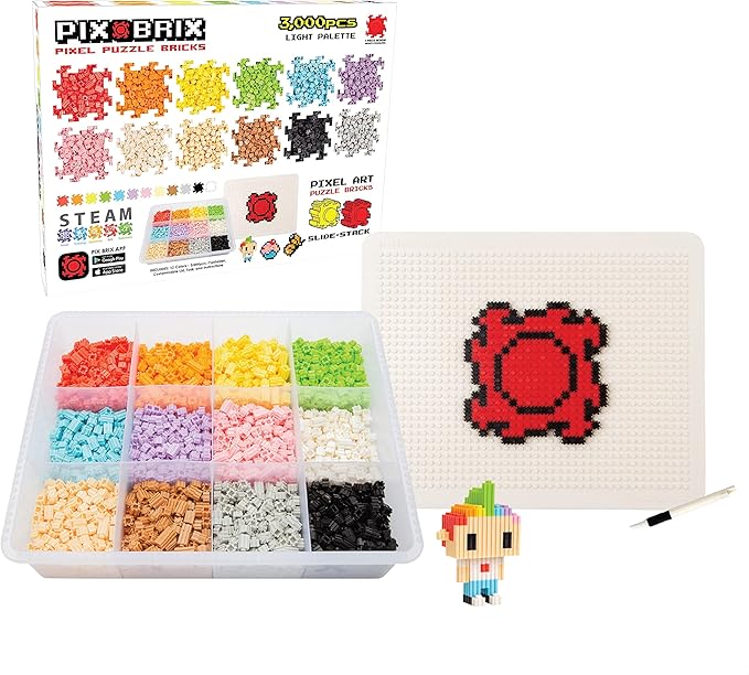 Pix Brix Pixel Art kit Puzzle Bricks - 3,000 Piece Pixel Art Container, 12 Color Light Palette - Interlocking Building Bricks, Create 2D and 3D Builds Without Water or Glue - Stem Toys, Ages 6 Plus