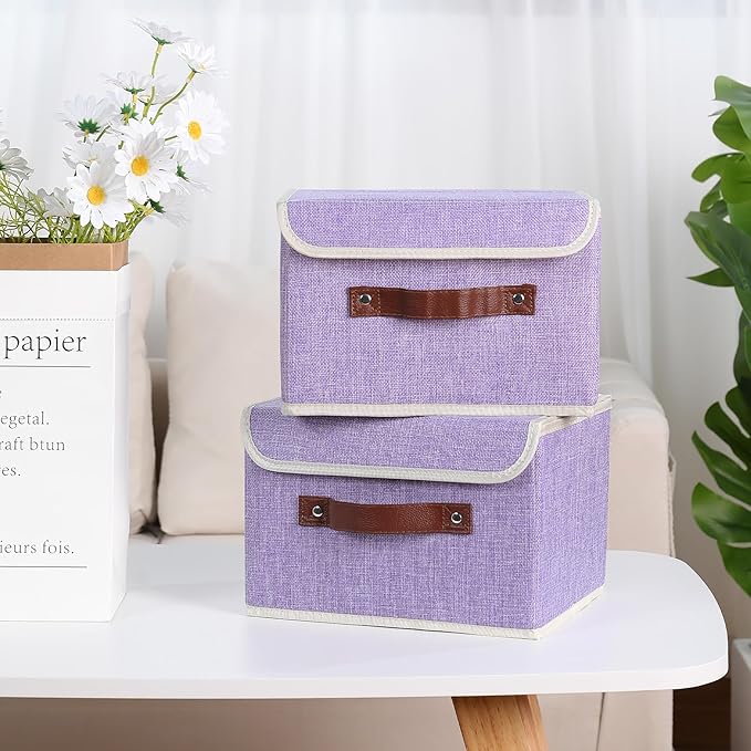 ANMINY 2PCS Storage Bins with Lid PU Leather Handles Storage Boxes PP Plastic Board Decorative Foldable Lidded Cotton Linen Fabric Home Cubes Baskets Closet Organizer Containers - Purple, Small Size