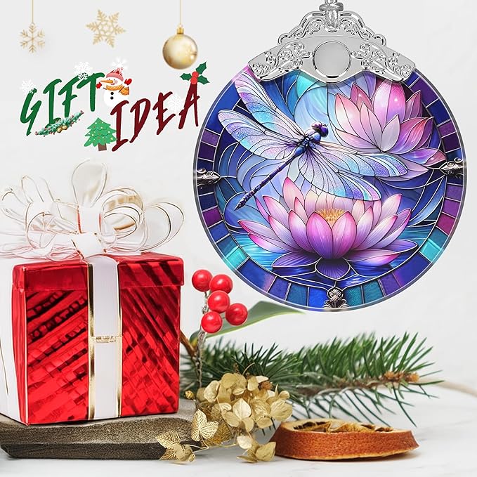 Stained Glass Dragonfly on Lotus Flower Ornament - Christmas Tree Decor Idea