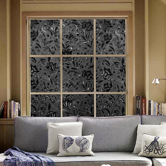 LEMON CLOUD Total Blackout Window Film Privacy Static Cling Frosted Black Window Covering 100% Opaque Film Tint Darkening Removable Film for High Privacy，(Blackout Tulip Design,35.4 x157.4 inches)