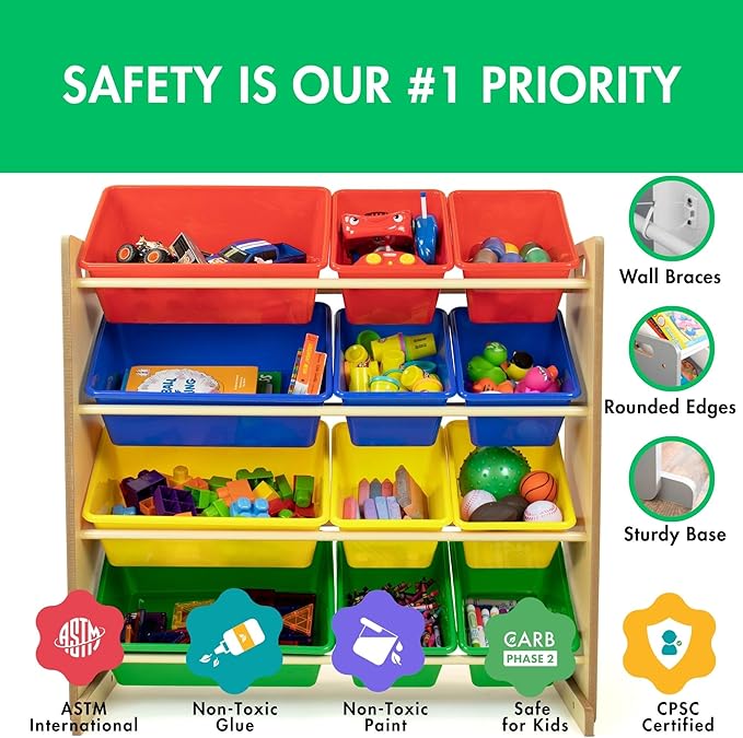 Humble Crew, Natural/Primary Kids' Toy Storage Organizer with 12 Plastic Bins, 34*35*15.5inch