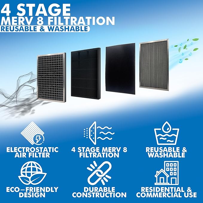 10x10x1 Electro-static Air Filter (1-Ct) AC Furnace Filter, Reusable & Washable 4-Stage Electrostatic Filter for Residential and Commerical HVAC (Actual Size: 9.75 x 9.75 x 0.75 Inches)
