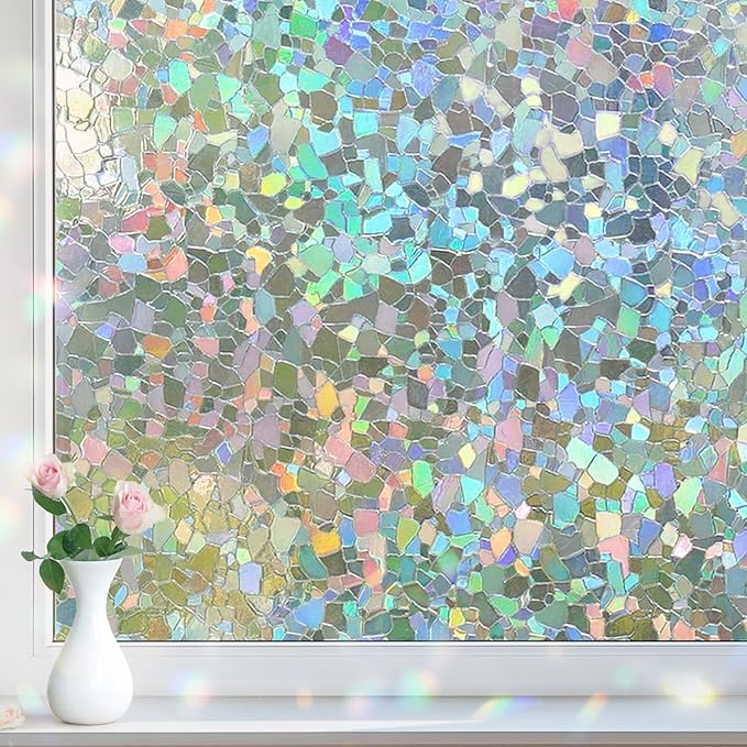 DOWELL Window Privacy Film Rainbow Film, Stained Glass Decorative Sticker, Static Cling Non-Adhesive Glass Clings, Sun Blocking Heat Control Window Coverings for Home Door, 23.6" x 118.1"