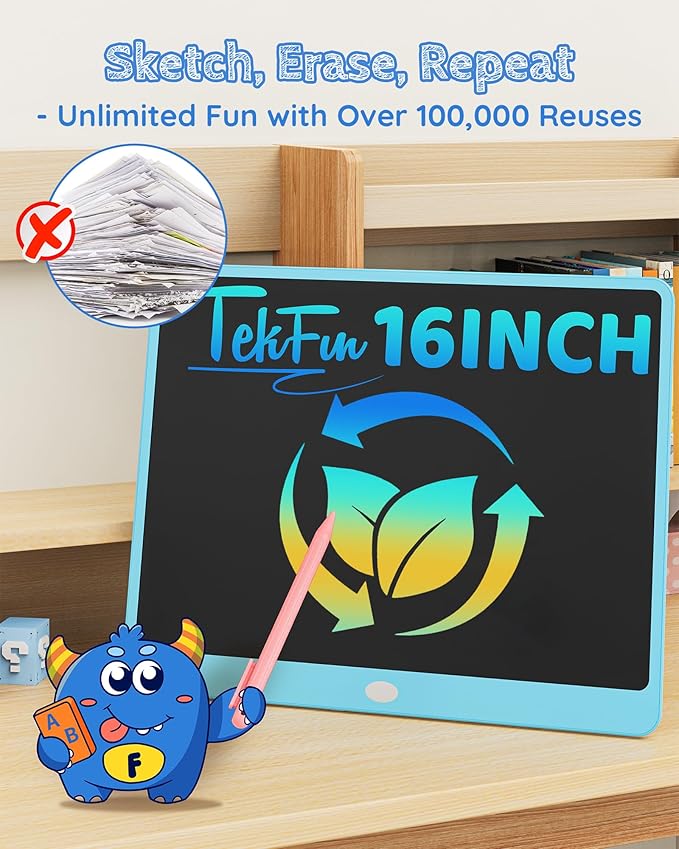 TEKFUN LCD Writing Tablet Doodle Board, 16 Inch Colorful Drawing Tablet Writing Pad, Toddler Toys for 3 4 5 6 7 8 9 Year Old Girls Boys Teen Adults, Birthday Gifts for Kids (Blue)