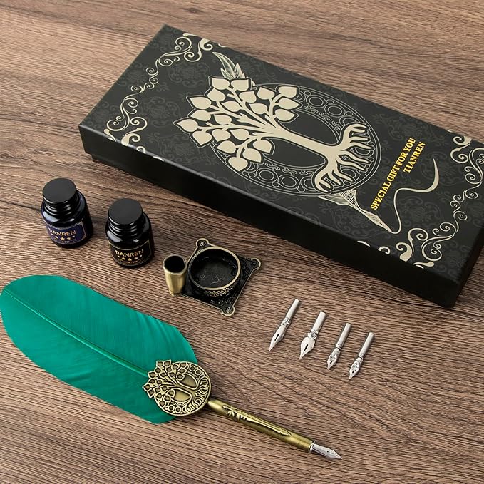Quill pen ink set,Feather Pen and Ink Set,Antique Calligraphy Pen with 4 Replaceable Nibs,2 Bottle of ink,Feather Dip Pen Holder Christmas Gift for Men&Women.(Green)