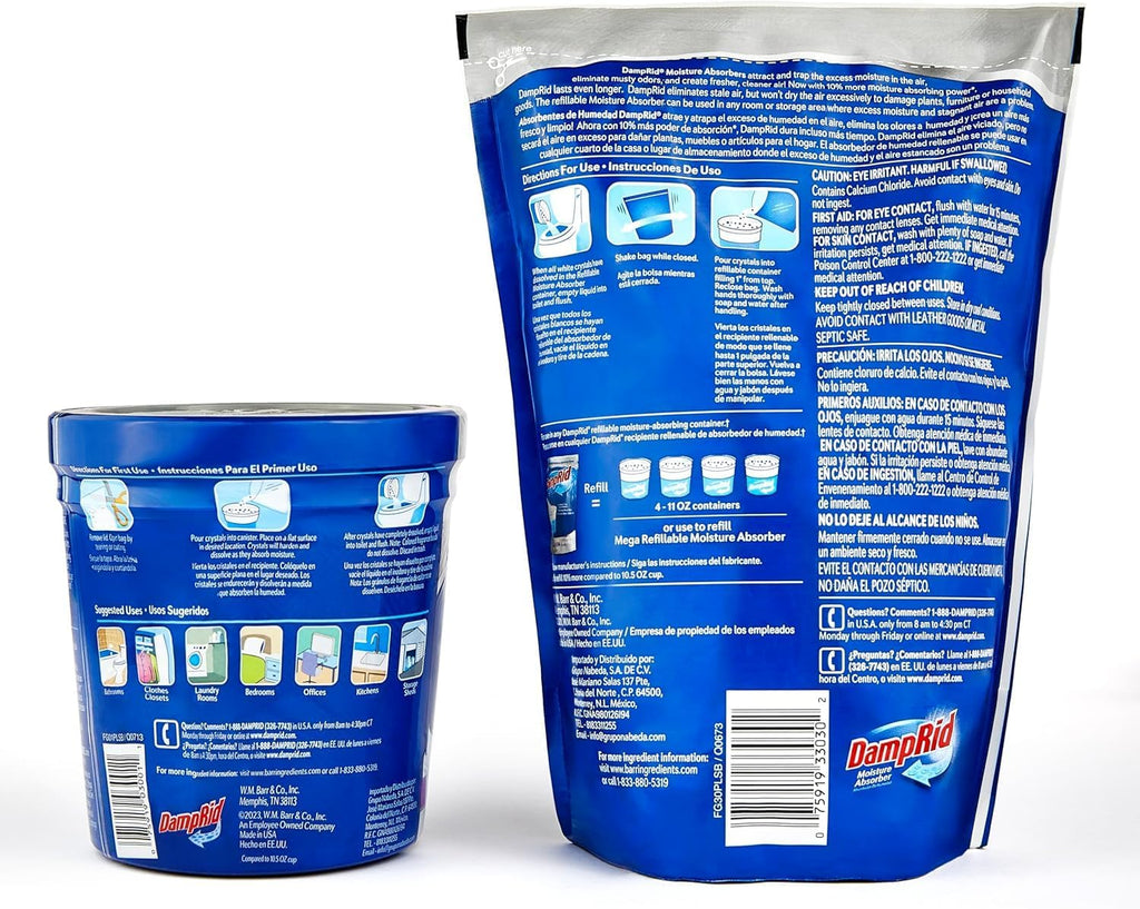 Damp Rid Refillable Moisture Absorber, Includes Single Damp Rid Fresh Scent 11oz. Cup & 44oz. Refill Bag - Moisture Absorbers for Closet, 10% More Absorbing Power*, Cleaner Air - ILIOS Packaging.