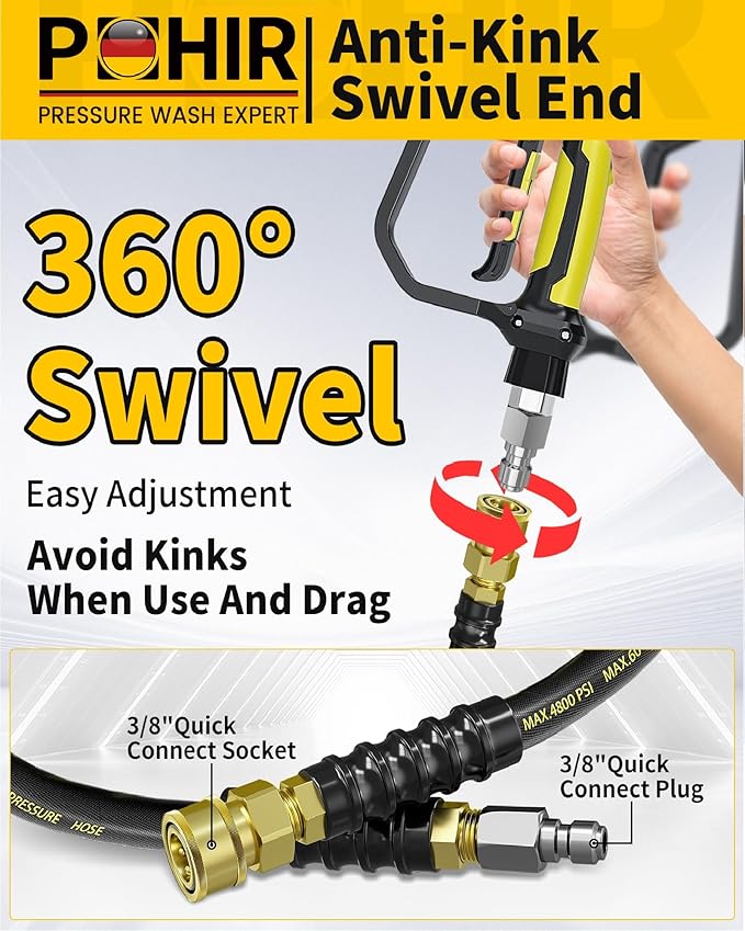 3/8" Pressure Washer Hose 50ft 4800PSI, Power Washer Hose Steel Wire Braided with Swivel Quick Connect, Commercial Grade Industrial High Pressure Water Washing Hose (4800PSI, 50FT)