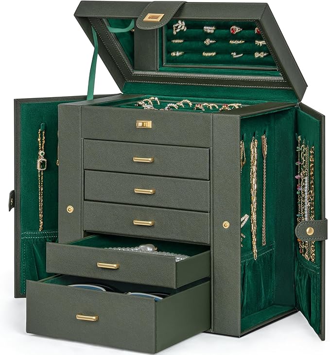 AKOZLIN Huge Jewelry Box Organizer Functional Large Leather Jewelry Storage Case for Women Girls Ring Necklace Earring Bracelet Holder Organizer with Mirror