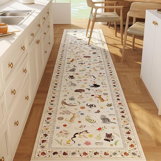 Rugcomf Runners for Kitchen Runner Rug Non Slip 2'x10' Long Washable Rugs with Rubber Backing Soft Floral Animal Cat Carpet Runner for Kitchen Laundry Bedroom Bathroom, Beige