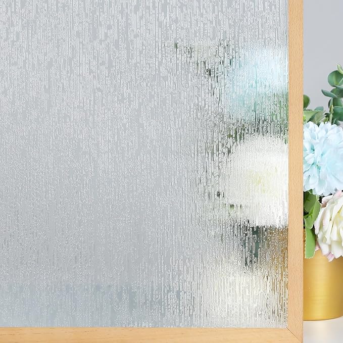 rabbitgoo Window Privacy Film Frosted Glass Clings, Decorative Sun UV Blocking Static Cling Window Covering, Removable Frosting Sticker for Home, Rain Silk, 23.6 x 157.4 Inches