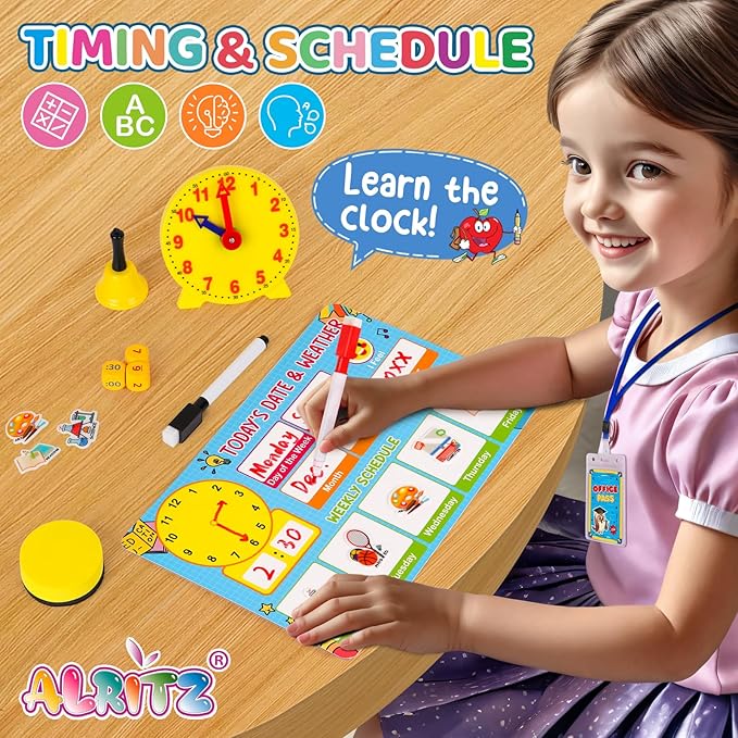 Alritz Pretend Teacher Playset, Role Pretend Play Kids School Toys Kit Include Map, Calendar, White Board Boys Girls Toys, Christmas Birthday Gift for Ages 5 6 7 8 9 10 11 12 13+