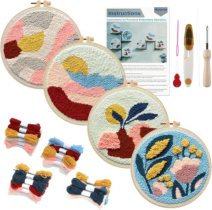 Anidaroel 4 Sets Punch Needle Kit, Punch Needles Kits for Adults Beginner, Needle Punch Kit, Punch Needle Tool with Stamped Fabric, Hoops, Yarns and Sewing Needle