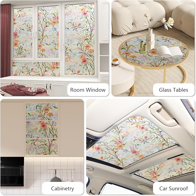 NINETREX Window Privacy Film,Stained Glass Window Film,Rainbow Decorative Stickers Static Cling Anti UV Heat Control for Home Decor (Galsang Flower,17.5 x 78.7inch)