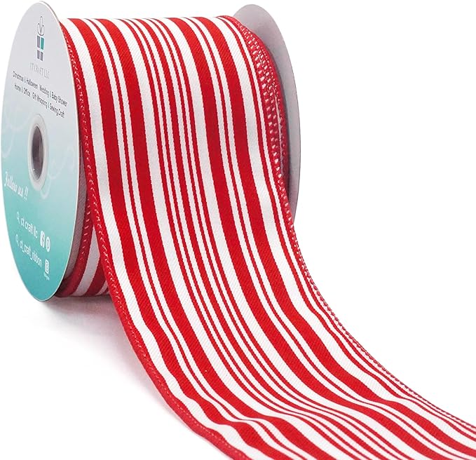 CT CRAFT LLC Red and White Stripe Wired Ribbon – 2.5" Wide x 10 Yards Long Decorative Fabric Ribbon for Crafts, Gift Wrapping, and Holiday Décor