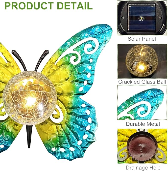 Solar Lights Outdoor Garden Butterfly Decor, Metal Butterfly Statue Decoration with LED Crackle Glass Globe, Solar Powered Lighted Garden Art Decor for Patio Lawn Yard Pathway Tabletop Ground