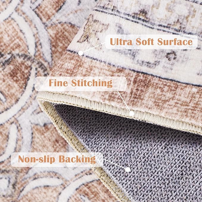 jinchan Floral 5x7 Area Rugs for Bedroom - Machine Washable Vintage Distressed Boho Design Throw Rug Stain Resistant Carpet Low-Pile Thin Non-Slip for Nursery Living Room Dining Room (5‘x7',Orange)