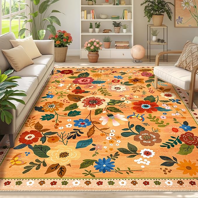 Floral 6x9 Area Rug Machine Washable Soft Print Boho Carpet Non Slip Doormat Low Pile Flower Area Rugs for Living Room Bedroom Nursery Kitchen Dining Room Indoor-Yellow/Orange
