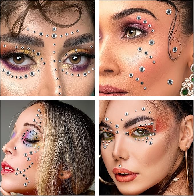 Self Adhesive Face Gems and Pearls for Makeup, Festival Jewels, Hair Gems Pearls, 3/4/5/6/8 mm Round Rhinestone Stickers for Face, Eye, Makeup, Body, Crafts 591Pcs (14_Clear)