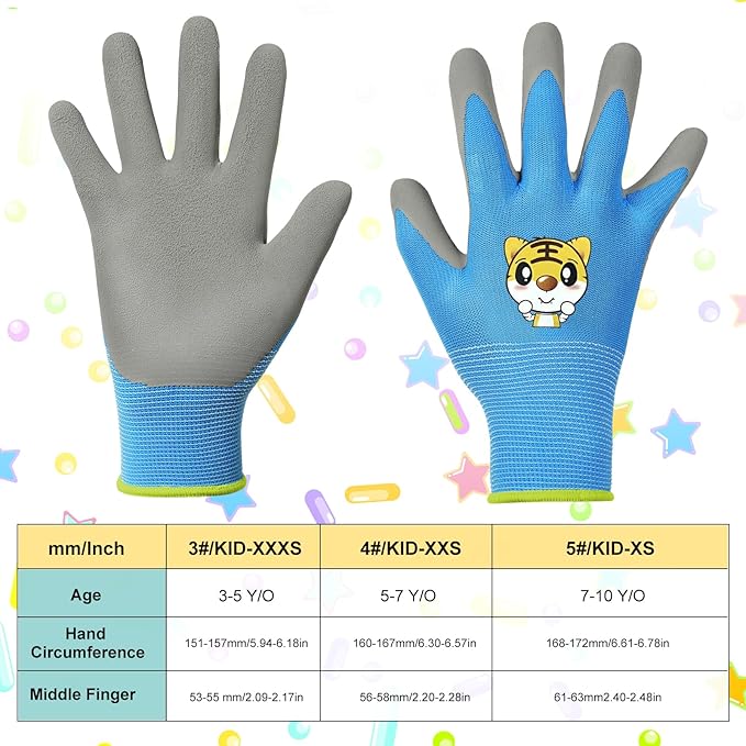 OSDUE Kids Gardening Gloves, 3 Pairs Gardening and DIY Gloves, Non-Slip Breathable Comfortable Safety Kid Suitable for Kids Under 5 Years Old Rubber Palm, Waterproof and Dustproof