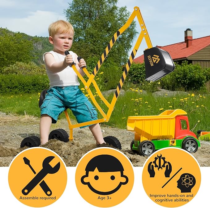 Elevon Sand Digger Kids Rolling Excavator Ride On Toy, Beach Toys Outdoor Sandbox Toy Digger, Steel Excavator Crane Rotates 360 with 4 Wheels, Sand Toys Backyard Sandbox, Dirt and Snow - Yellow