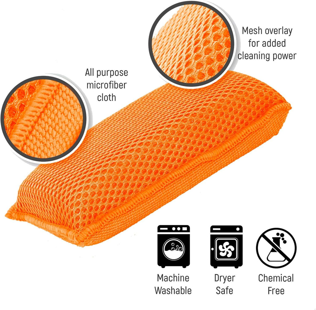 Commercial Miracle Microfiber Kitchen Sponge by Scrub-It - Large - Non-Scratch Heavy Duty Dishwashing Cleaning sponges- Machine Washable- (Orange, 6 Pack)