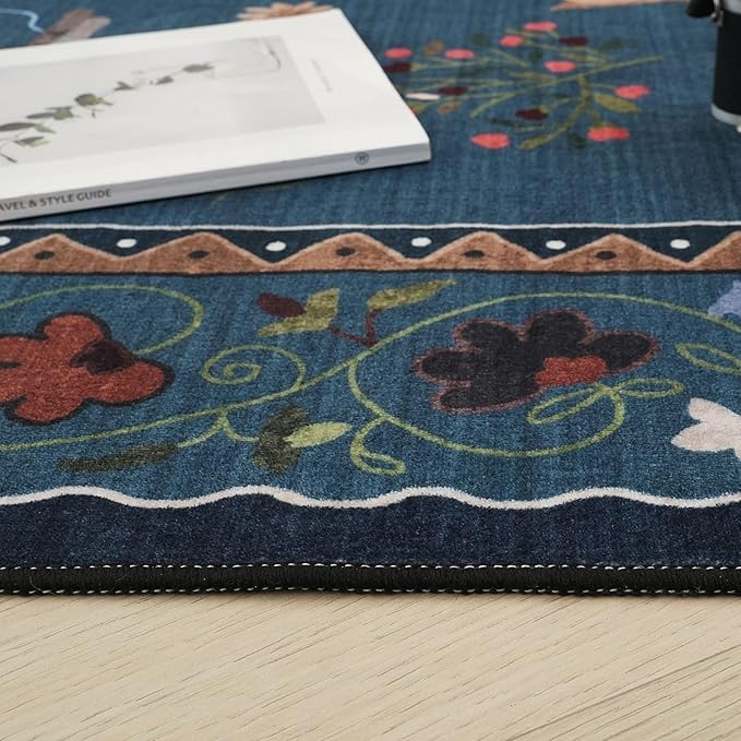 Rugcomf Runner Rug for Kitchen Non Slip 2'6''x8' Washable Rugs with Rubber Backing Soft Floral Animal Cat Carpet Runner for Kitchen Laundry Bedroom Bathroom, Pearl Gentian Blue
