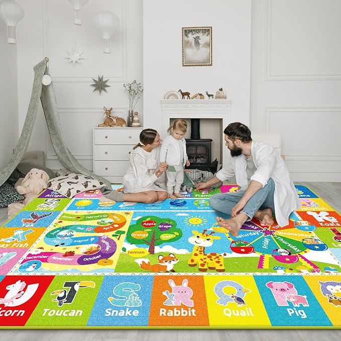 Kids Rug for Playroom, Kids Baby Playmat with Alphabet, Month, Weather, Week and Shapes ABC Educational Rug, Play Mat Carpet for Bedroom Classroom (110.2X78.7 INCH, Ferris Wheel)