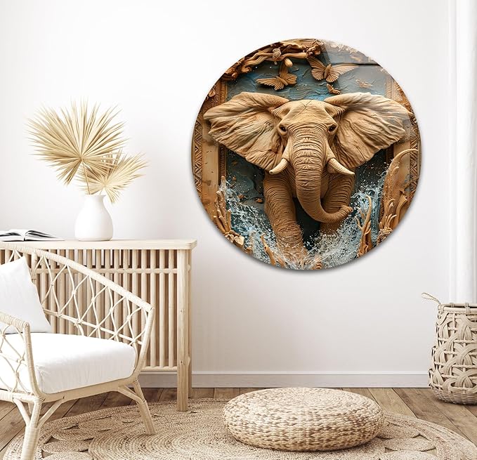 My Photostation.com 18Wx28H'' Elephant Carving Glass Wall Art Tempered Glass Printing Wall Decor Large Wall Art Wall Hangings