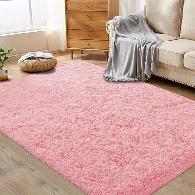 4x6 Area Rug for Living Room: Fluffy Shag Soft Washable Rugs Fuzzy Plush Indoor Carpet for Bedroom Nursery Playroom Dorm Kids Girls Boys Room (Pink, 4'x6')