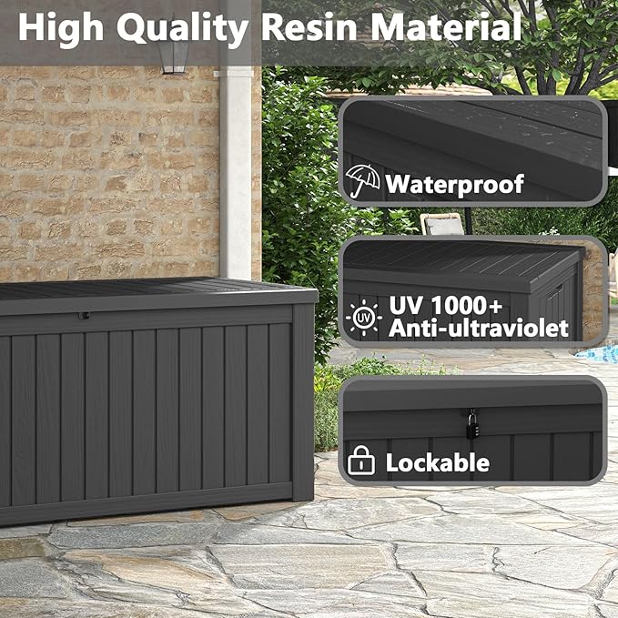Outdoor Storage Box, 180 Gallon Deck Box, Waterproof and UV Resistant Large Resin Storage Bin, Organization and Storage for Patio Furniture, Outdoor Cushions, Garden Tools, Lockable