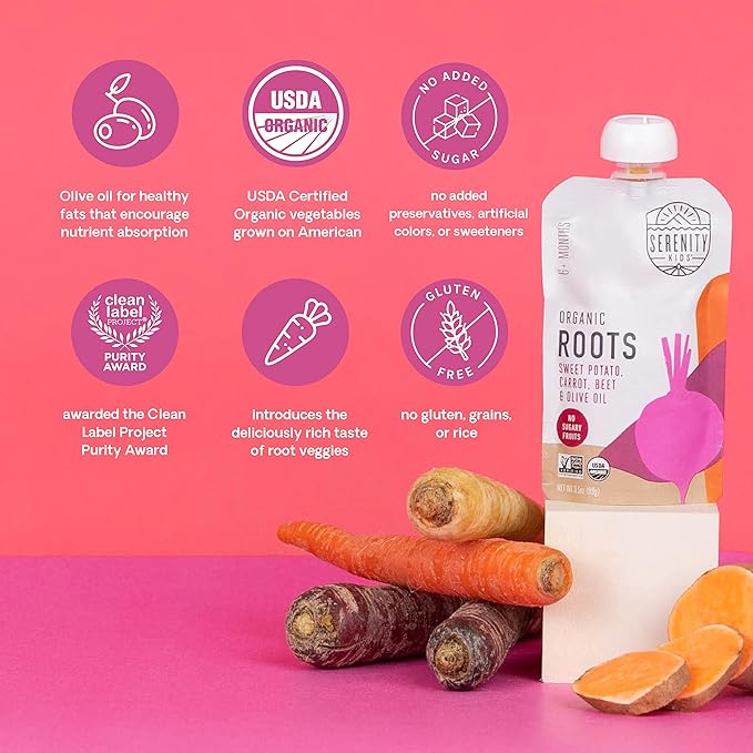 Serenity Kids 6+ Months USDA Organic Veggie Puree Baby Food Pouches | No Sugary Fruits or Added Sugar | Allergen Free | 3.5 Ounce BPA-Free Pouch | Roots | 1 Count