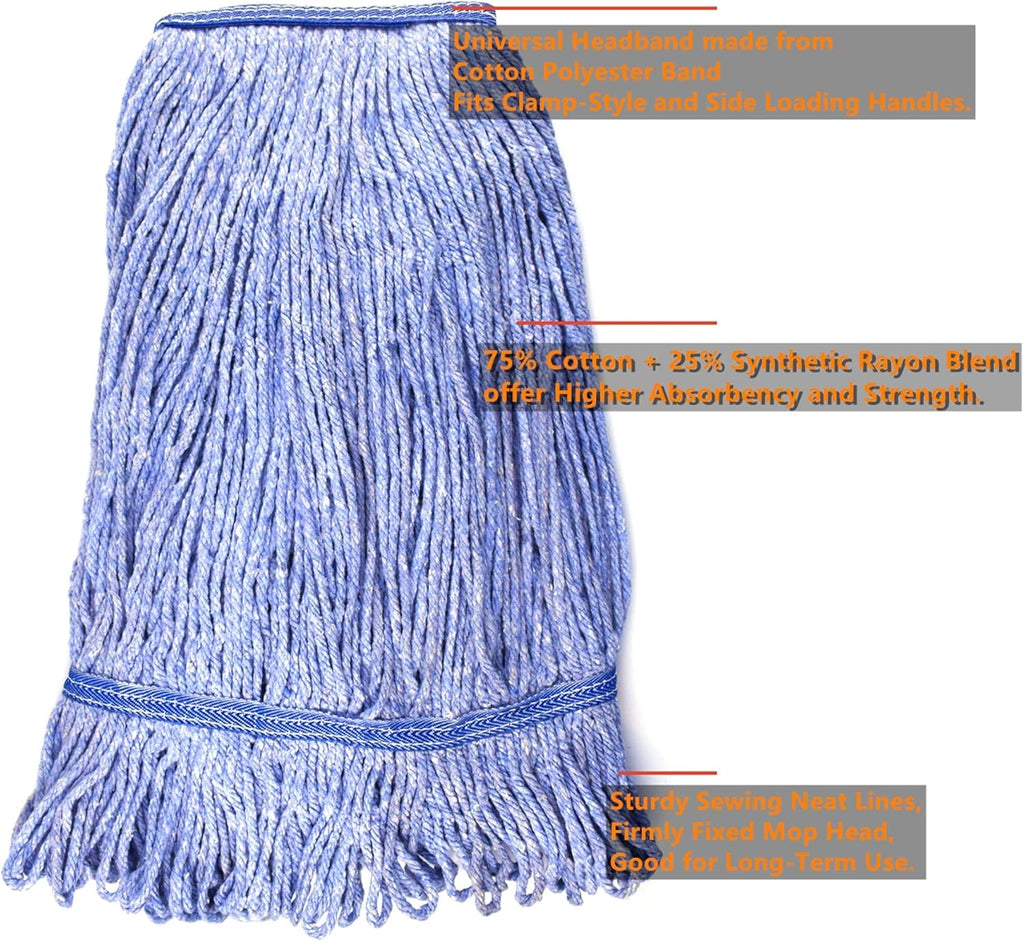String Mop Heads Replacement Heavy Duty Commercial Grade Blue Cotton Looped End Wet Industrial Cleaning Mop Head Refills (6, Large)