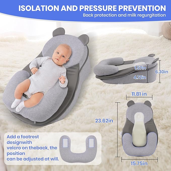 Baby Feeding Pillow, Anti Overflow Feeding Pillow for Reducing Spit-Up, Safety Nursing Pillow, Baby Lounger Reflux Wedge Breastfeeding, Removable top and Bottom