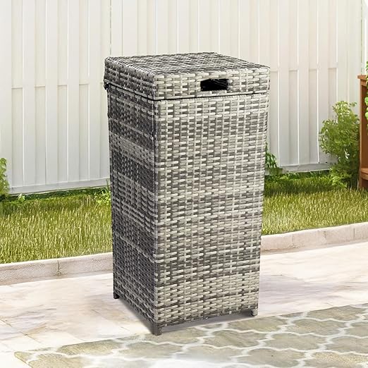 VINGLI Wicker Patio Trash Can, 27 Gallon Rattan Trash Can with Removable Lid, Outdoor Wicker Waste Basket, Wast Container (Grey)