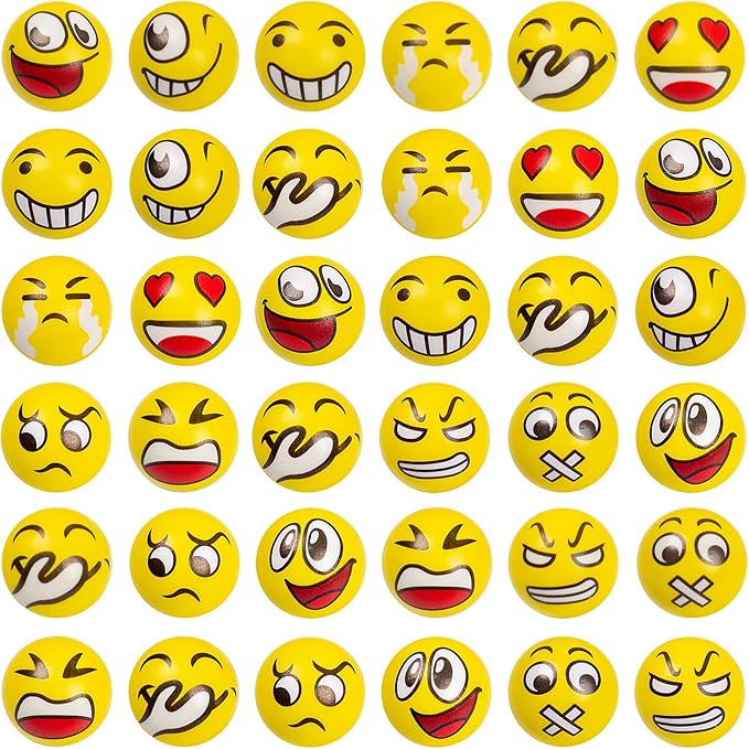 LovesTown Mini Stress Balls, 36PCS 2Inch Smiley Face Stress Balls Yellow Funny Foam Stress Relief Toys for School Carnival Reward Student Prizes