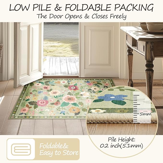 Floral 2x10 Area Rug Machine Washable Soft Print Boho Carpet Non Slip Doormat Low Pile Flower Area Rugs for Living Room Bedroom Nursery Kitchen Dining Room Indoor-Light Green
