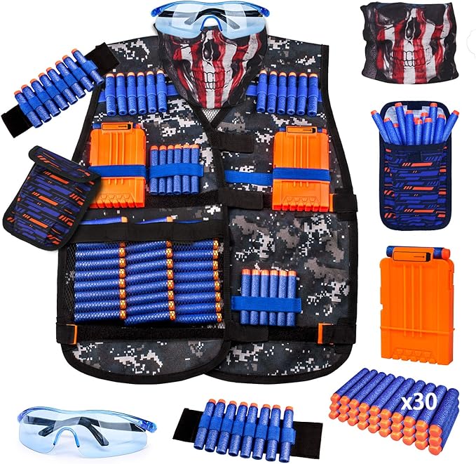 Kids Tactical Vest Kit for Nerf Guns Series with Refill Darts,Dart Pouch, Reload Clips, Tactical Mask, Wrist Band and Protective Glasses, Toys for 8 9 10 11 12 Year Boys