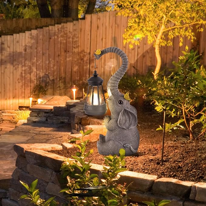 ILLUMINEW Solar Outdoor Garden Decor Elephant Statues Lights, Lucky Elephant Unique Mom Birthday Gifts for Mom, Housewarming Gifts and Yard Decoration, Cute Birds Garden Sculpture Decor
