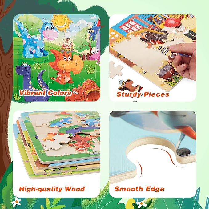 SYNARRY Puzzles for Kids Ages 4-8, 4 Pack Wooden Jigsaw Puzzles for Kids Ages 3-5 Years Old 40 Pieces, Preschool Puzzle Toy Gift for Children Boys and Girls, Farm Dinosaur Animal Construction Theme