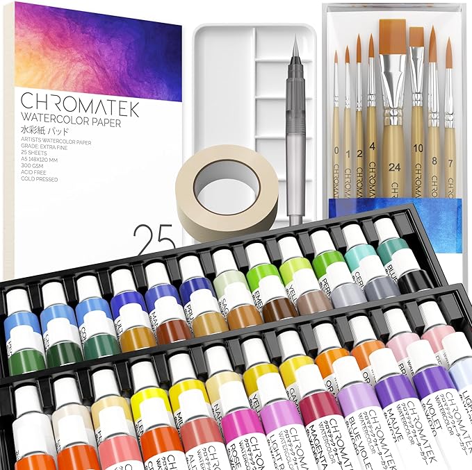 CHROMATEK Watercolor Paint Set - 84 Piece Kit for Adults, Beginner & Professional Artists - 48 Tubes (12ml), 25 Page Sketch Paper Pad, 8 Painting Brushes, Aquapen, Palette, Masking Tape - Art Supplies