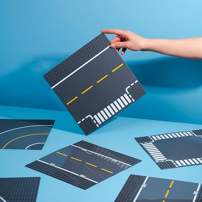 Apostrophe Games Road Baseplate – Premium Building Blocks Base Plates Compatible with All Major Brands – 6pcs Baseplate Gray with Road Design – Straight, Curve, Crossroad, T-Junction