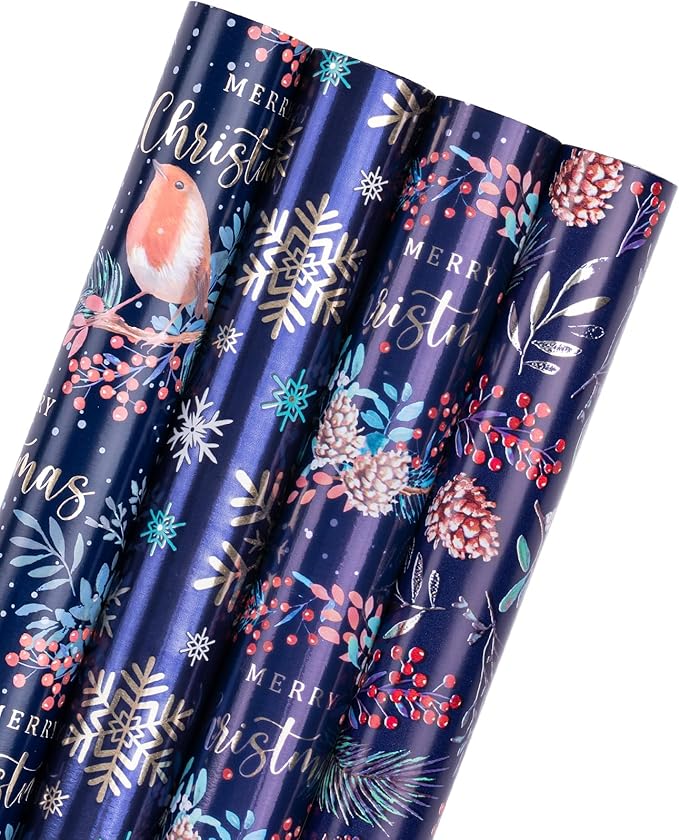WRAPAHOLIC 30 Inch Christmas Wrapping Paper Roll - Jumbo Roll Drak Blue Bird, Christmas Garland and Snowflake Holiday Collection with Metallic Foil Shine - 4 Rolls - 30 Inch x 120 Inch Per Roll