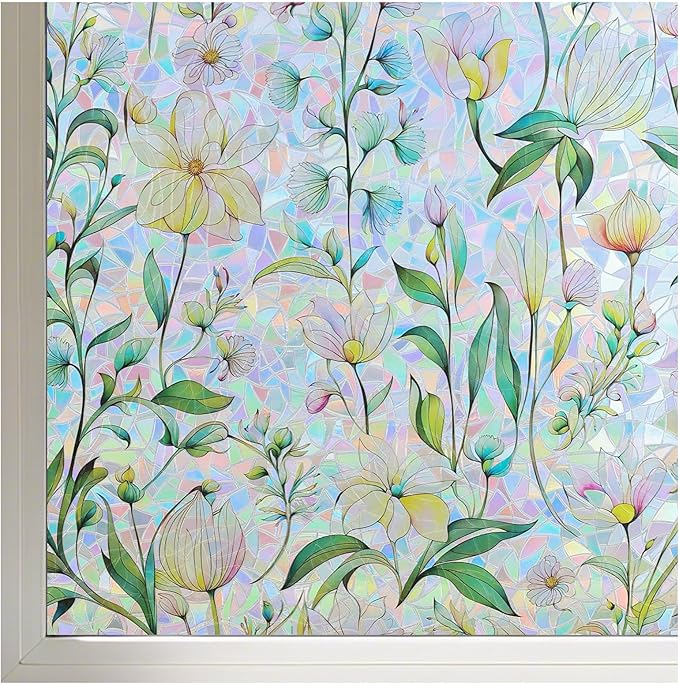 FINNEZ Window Privacy Film Stain Glass Film Flowers Rainbow Window Film Window Clings Non-Adhesive Reusable Decorative for Home（Forest Rainbow，45.2 Inch x 6.5 Feet）