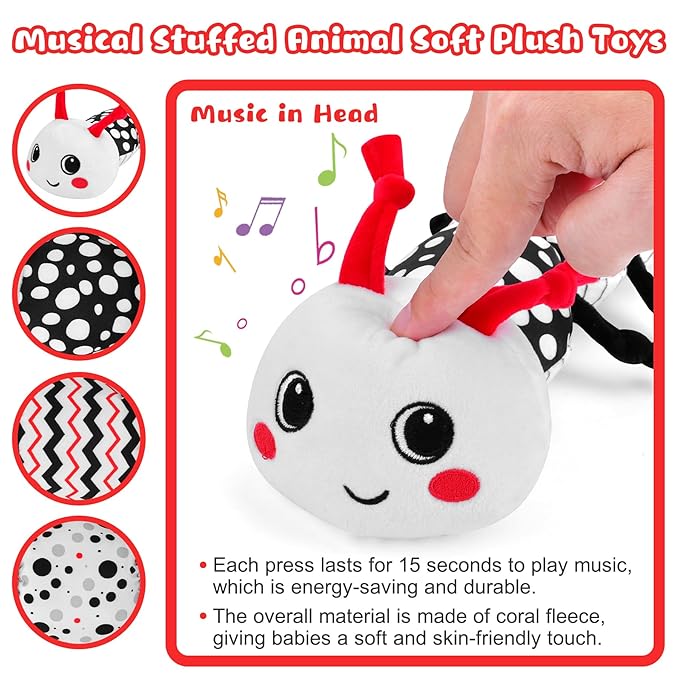 Baby Toys 0-12 Months - Musical Caterpillar Stuffed Animal Soft Plush Toys for Infant Girls Boys 3 6 12 Months Tummy Time Sensory High Contrast Black White Newborn Toys Gifts, W/ Mirror Rattle