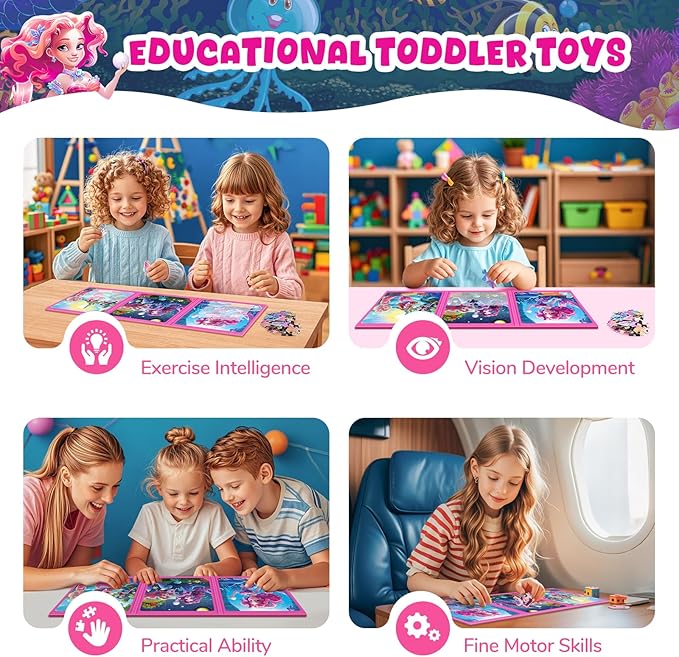 Magnetic Jigsaw Puzzles for Toddlers Kids 3-8 Girls,(3 36-Pieces) Travel Puzzles Toys for Kids Ages 4-6,Take-Along Car Airplane Road Trip Activities Game for 3 4 5 6 7 8 Year Old Birthday Gift,Mermaid